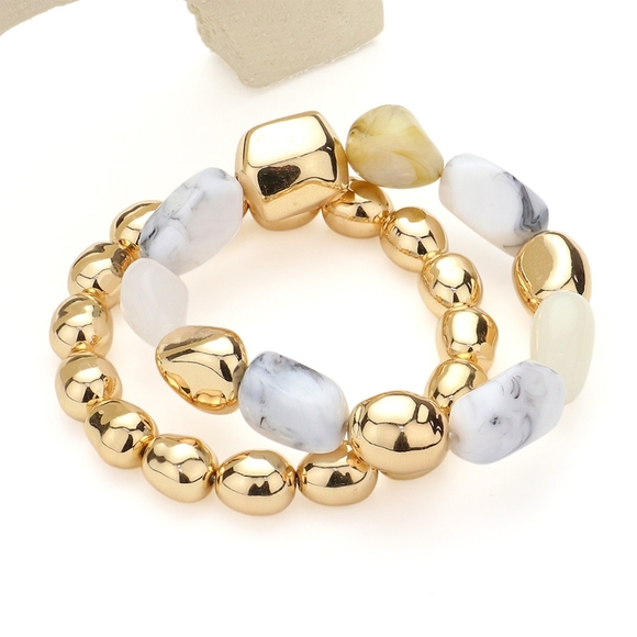 Howlite Gold Variety Beaded 2 Piece Mixed Pebble Stone Layered Stretch Bracelets - Picture 1 of 4